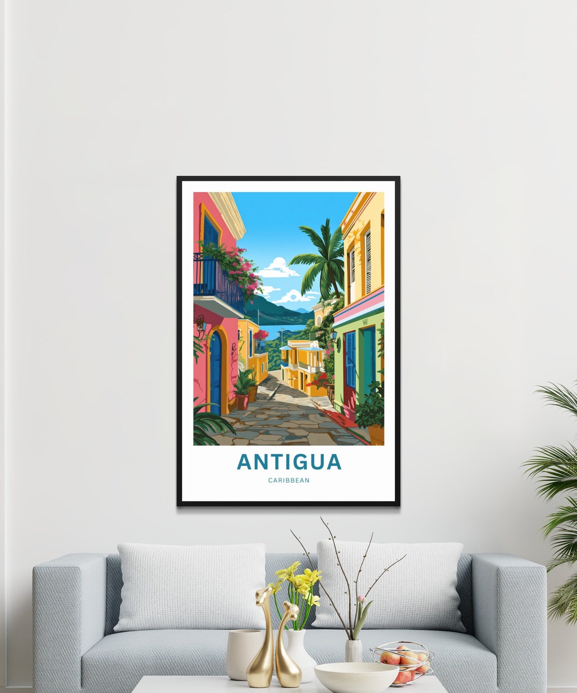 Antigua Caribbean Palm Lined Cobblestone Lane Scene Travel Poster - Image 3