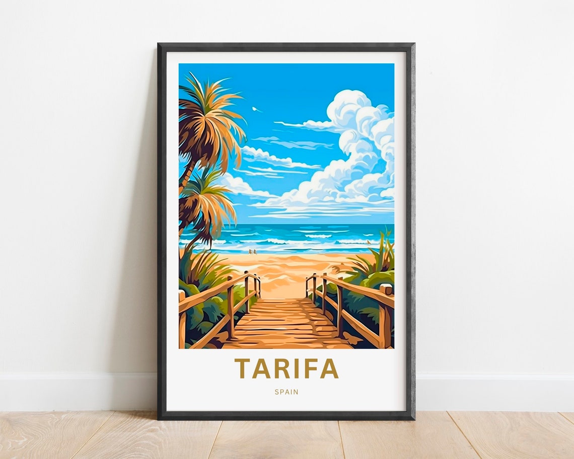 Tarifa Spain Poster with Wooden Boardwalk Leading to Beach Art
