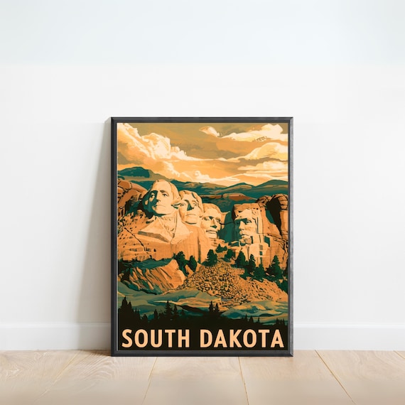 South Dakota Vintage Travel Poster Mount Rushmore Sunset Landmark View