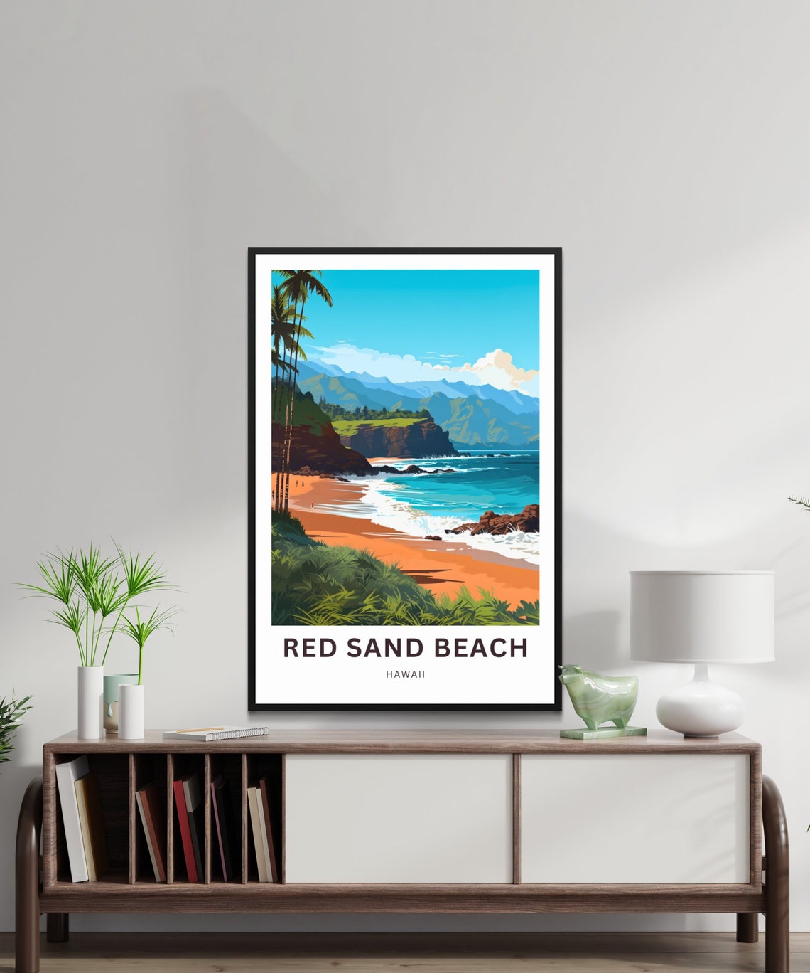 Red Sand Beach Hawaii Sunset Cliffs Palm Beach Scene Travel Poster - Image 2