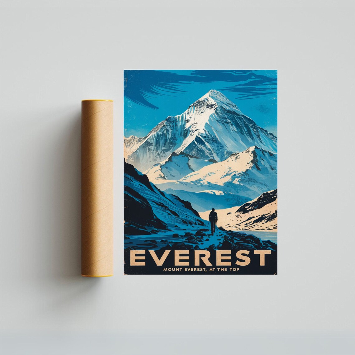 Everest At The Top Climber Rocky Ridge Blue Shadow Vintage Poster - Image 3