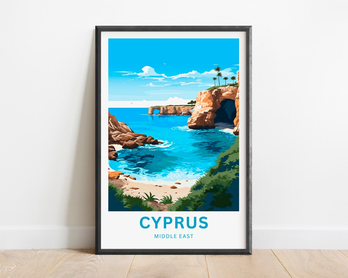 Cyprus Mediterranean Sea Arch Cliffs Coast Vintage Travel Poster