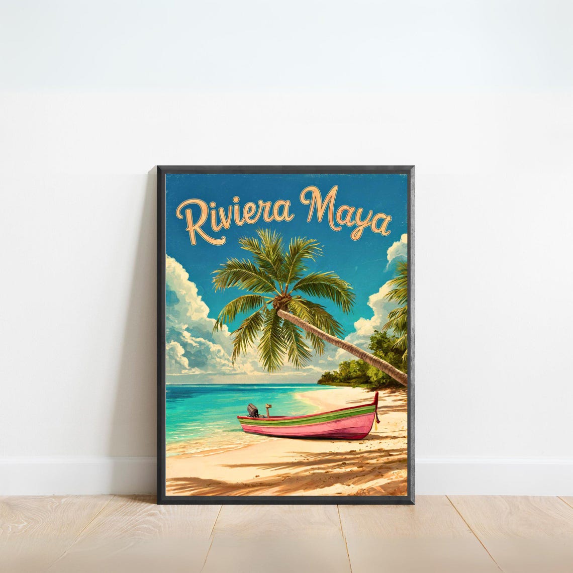 Riviera Maya Mexico Palm Beach Boat Scene Vintage Travel Poster