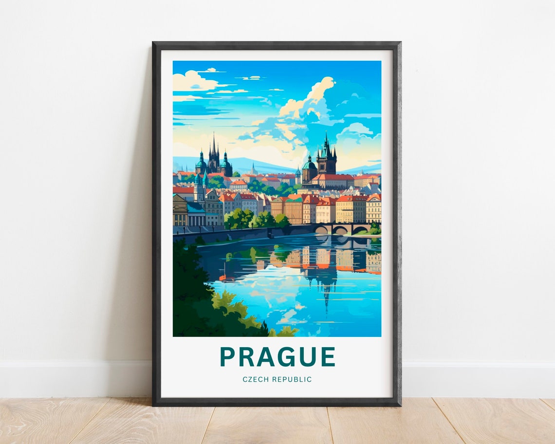 Prague Czech Republic Old Town Vintage Travel Poster Bridge Skyline
