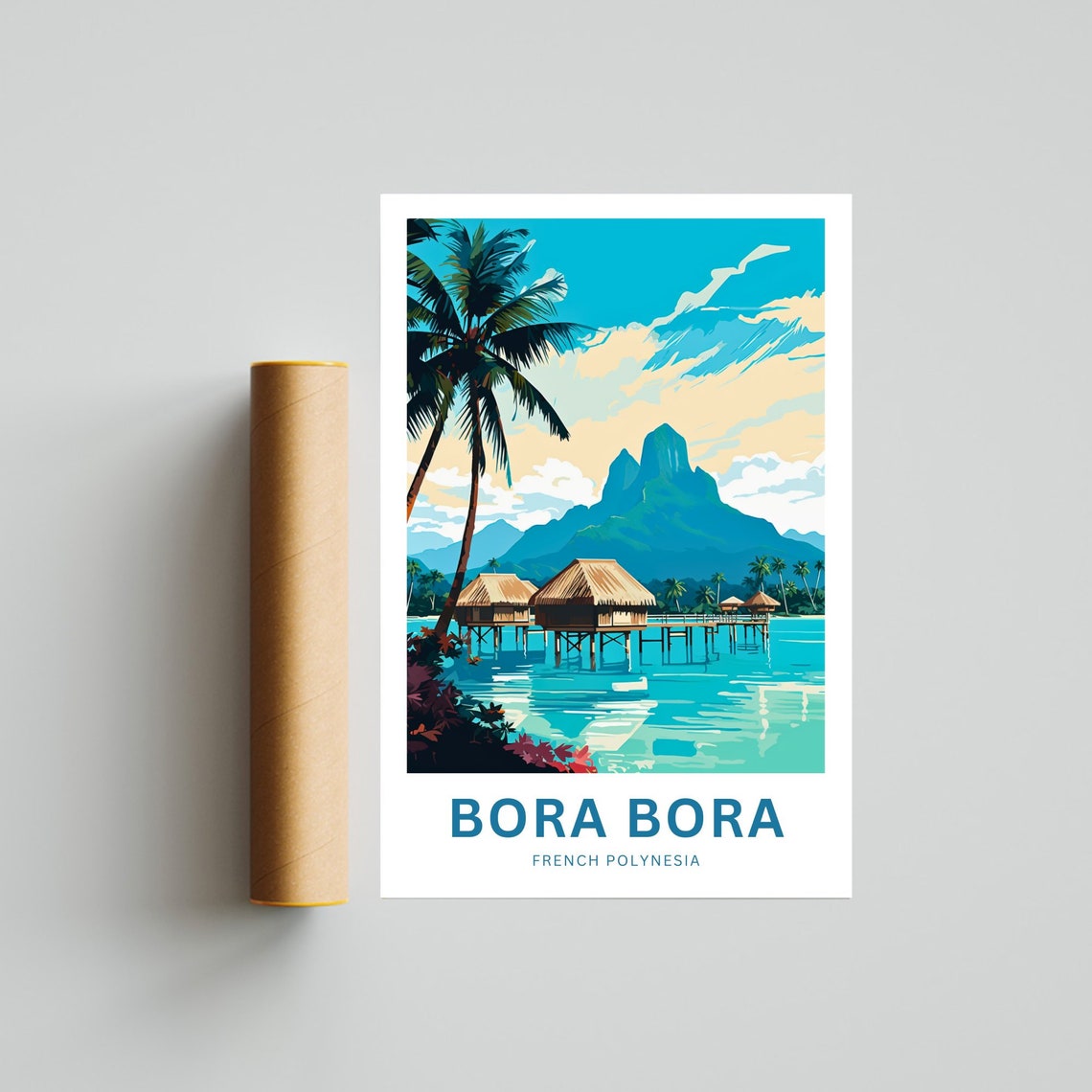 Personalized Bora Bora Custom Text Tropical Palm Overwater Hut Poster - Image 4