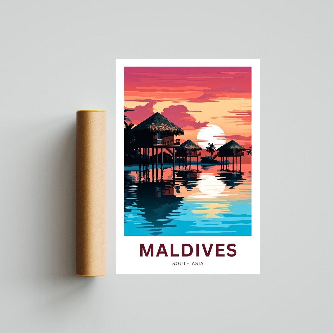 Maldives Pink Sunset Overwater Villas Lagoon Reflection Travel Poster - Image 4