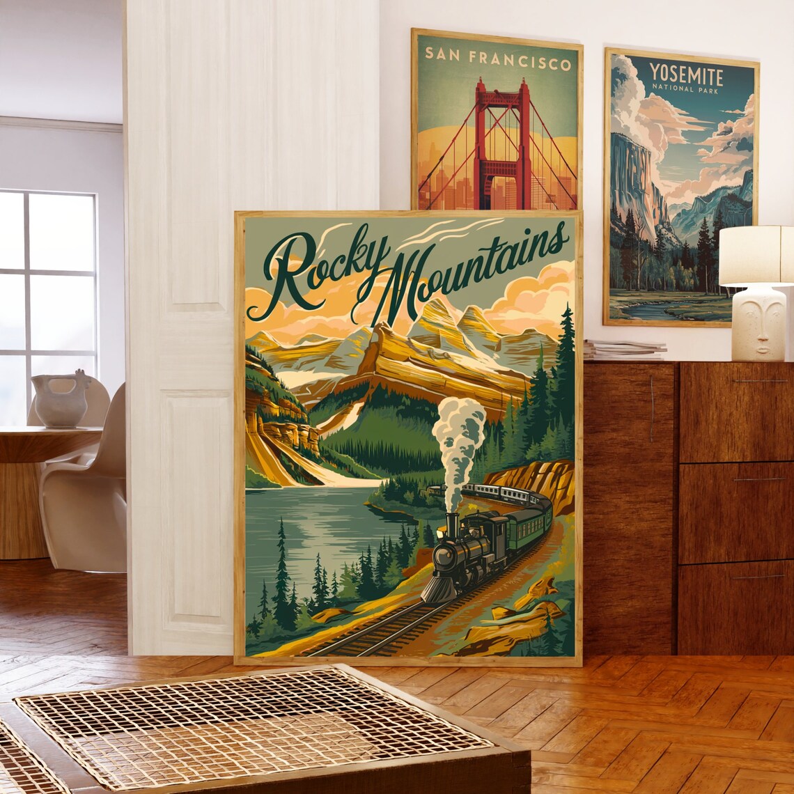 Rocky Mountains Vintage Steam Train Mountain Lake Travel Poster - Image 5