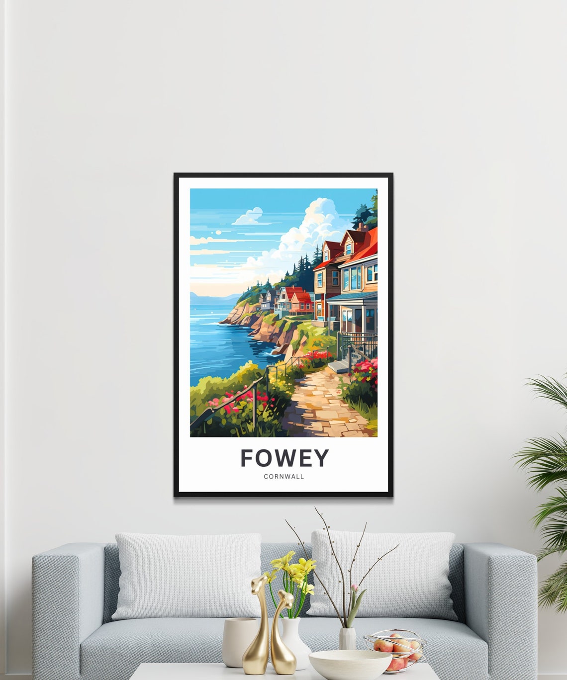 Fowey Cornwall Cliff Path Seaside Cottages Scenic Travel Poster - Image 3