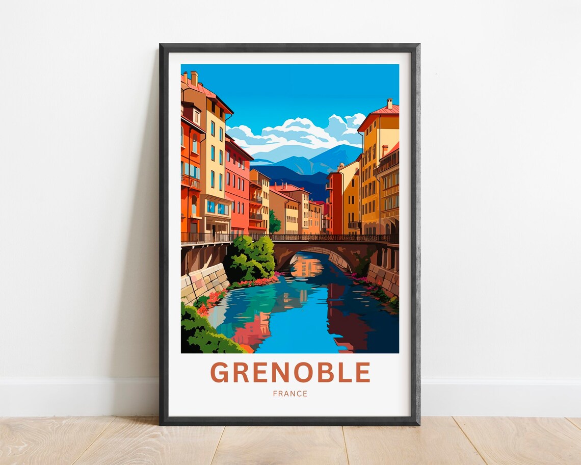 Grenoble France Riverside Old Town Mountain View Travel Poster