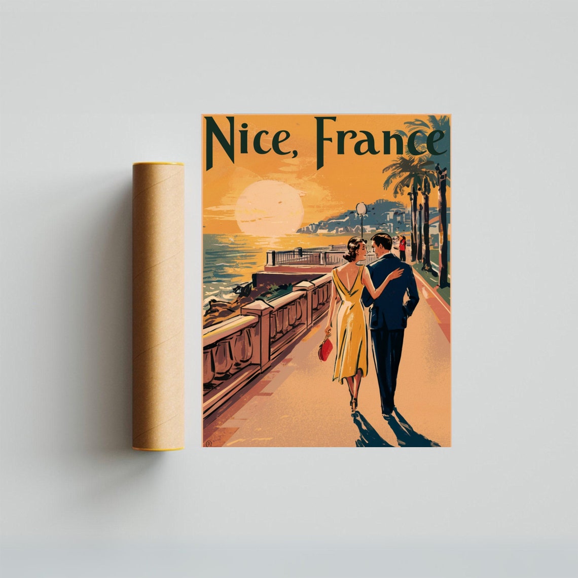 Nice France Retro Sunset Promenade Romantic Strolling Couple Poster - Image 3