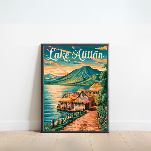 Lake Atitln Vintage Travel Poster Lake Atitlan Print Guatemala Wall Art Framed Gift Guatemala Present
