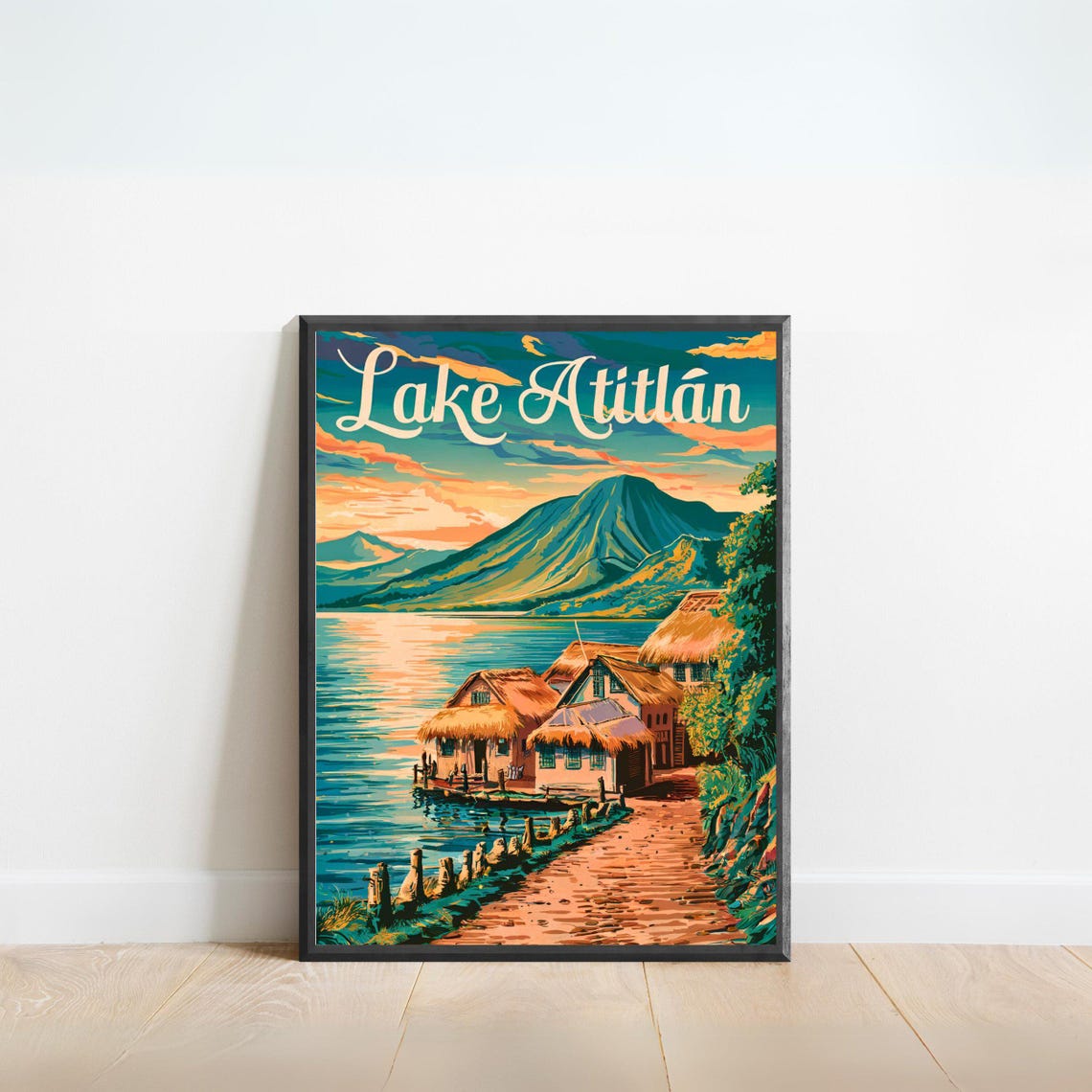 Lake Atitlan Guatemala Vintage Sunset Village Lakefront Poster