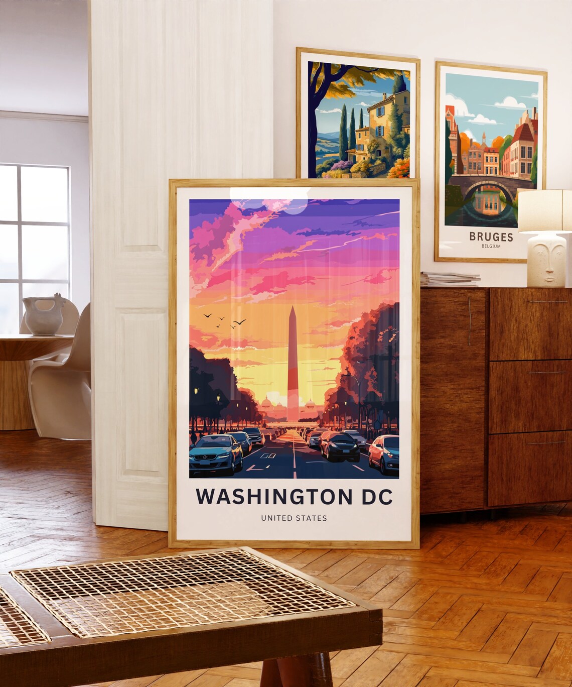 Washington DC Monument Sunset Street Scene Cars Retro Travel Poster - Image 5