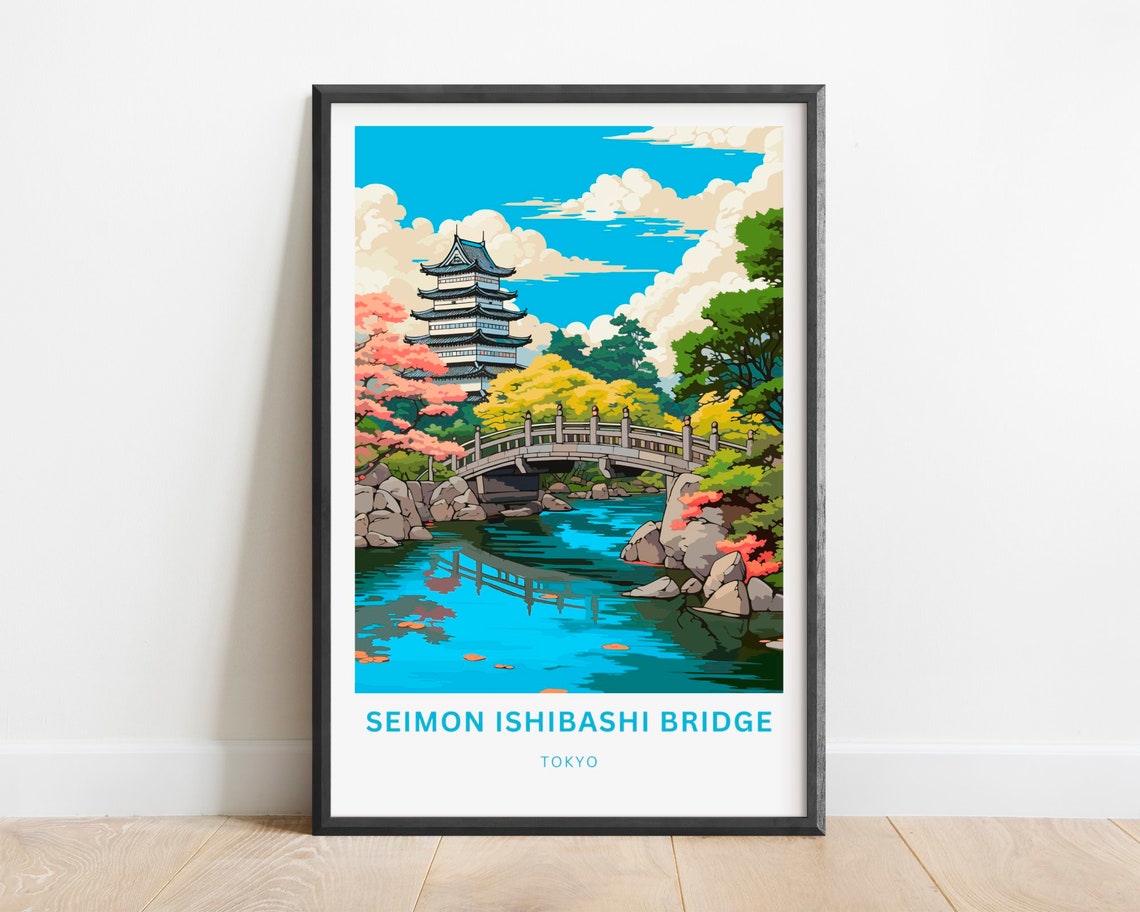 Seimon Ishibashi Bridge Tokyo Pagoda Garden Pond Illustration Poster