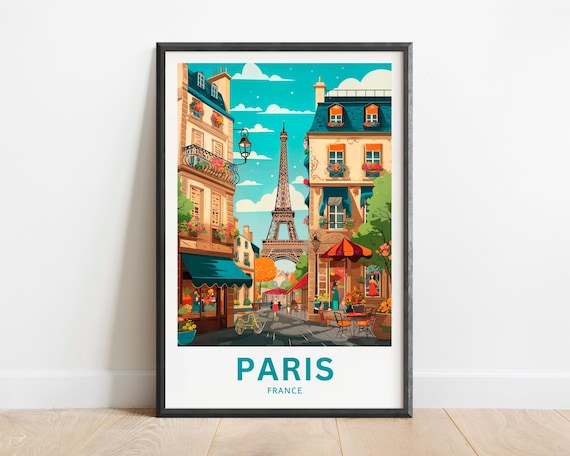 Paris France Travel Poster Eiffel Tower Cafe Street Charming Cityscape Decor Art