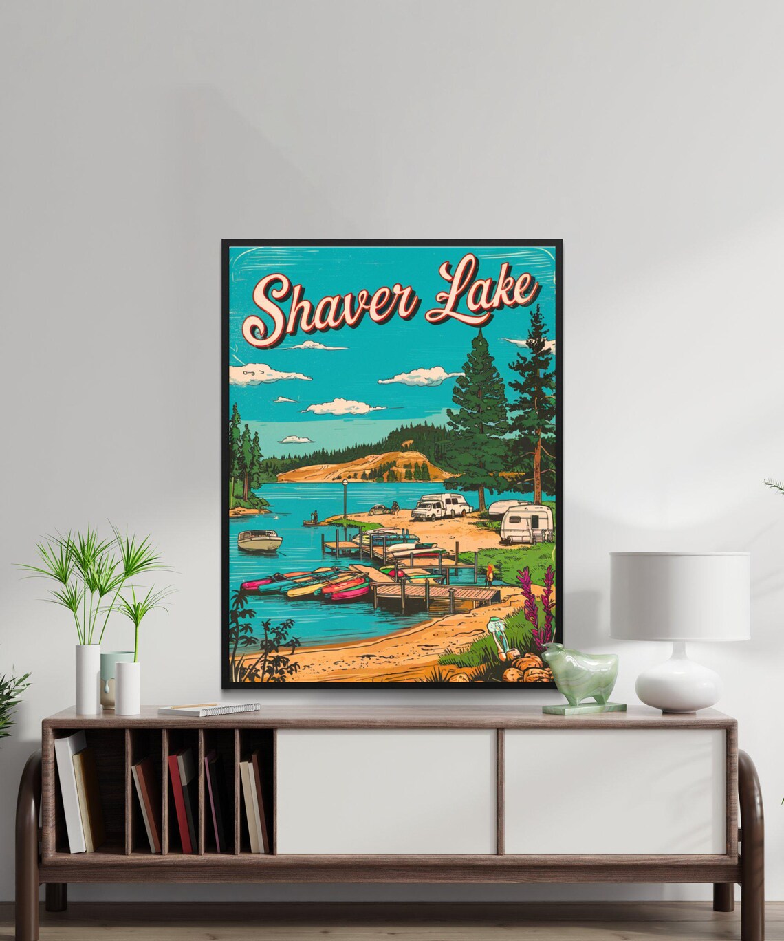 Shaver Lake Retro Script Campground Canoes Marina Scene Poster - Image 3