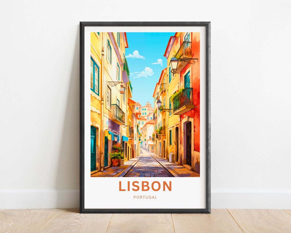 Lisbon Portugal Old Town Cobblestone Street Vintage Travel Poster