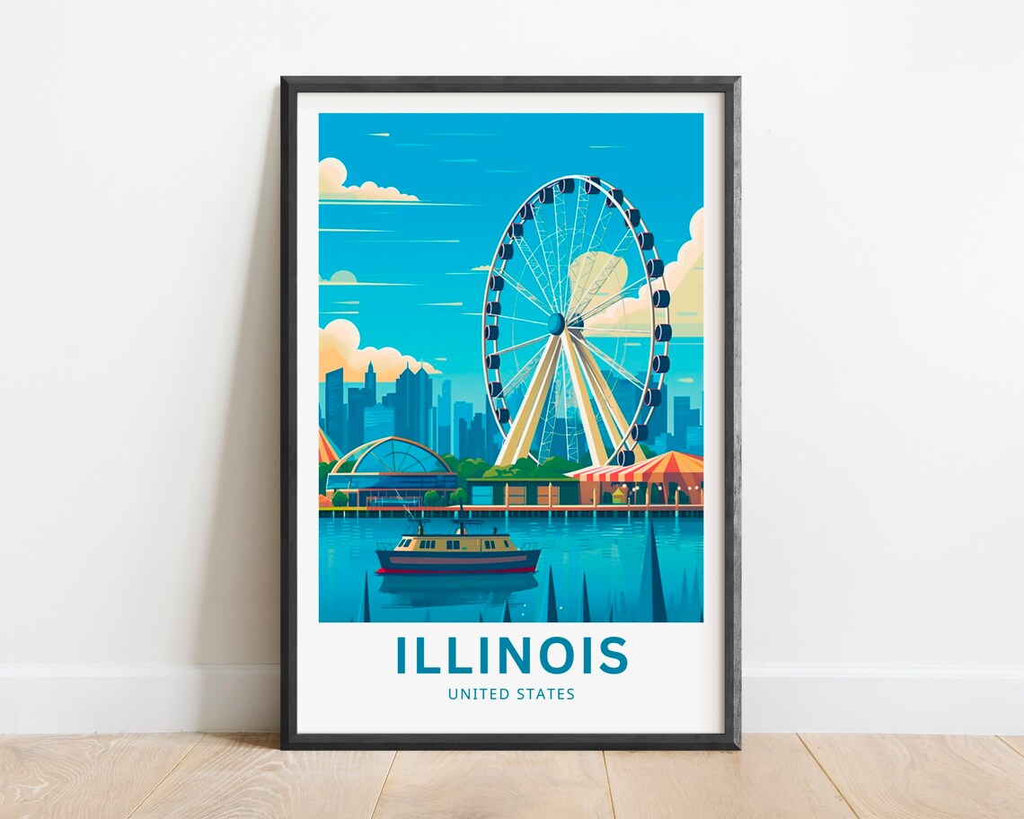 Illinois Chicago Navy Pier Ferris Wheel Illustrated Travel Poster
