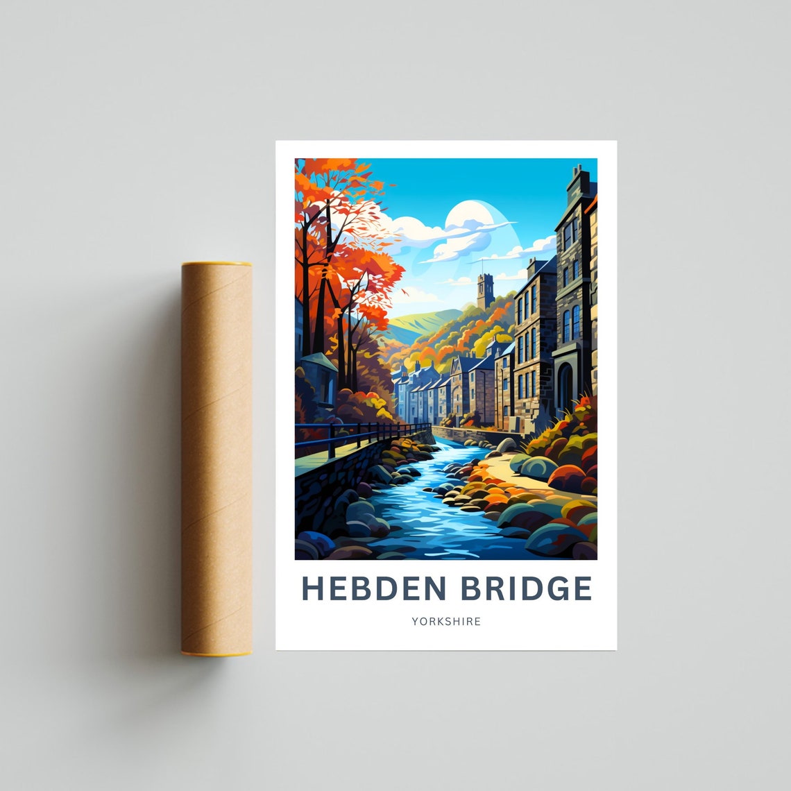 Personalized Hebden Bridge Yorkshire Autumn River View Travel Poster - Image 4