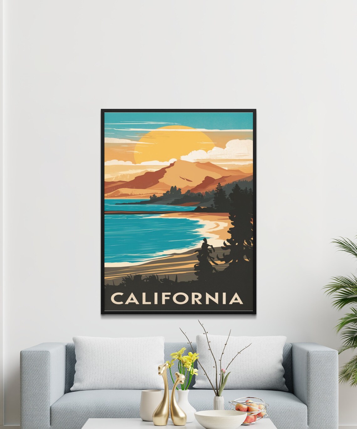 California Mountain Lake Sunset Silhouette Vintage Travel Poster