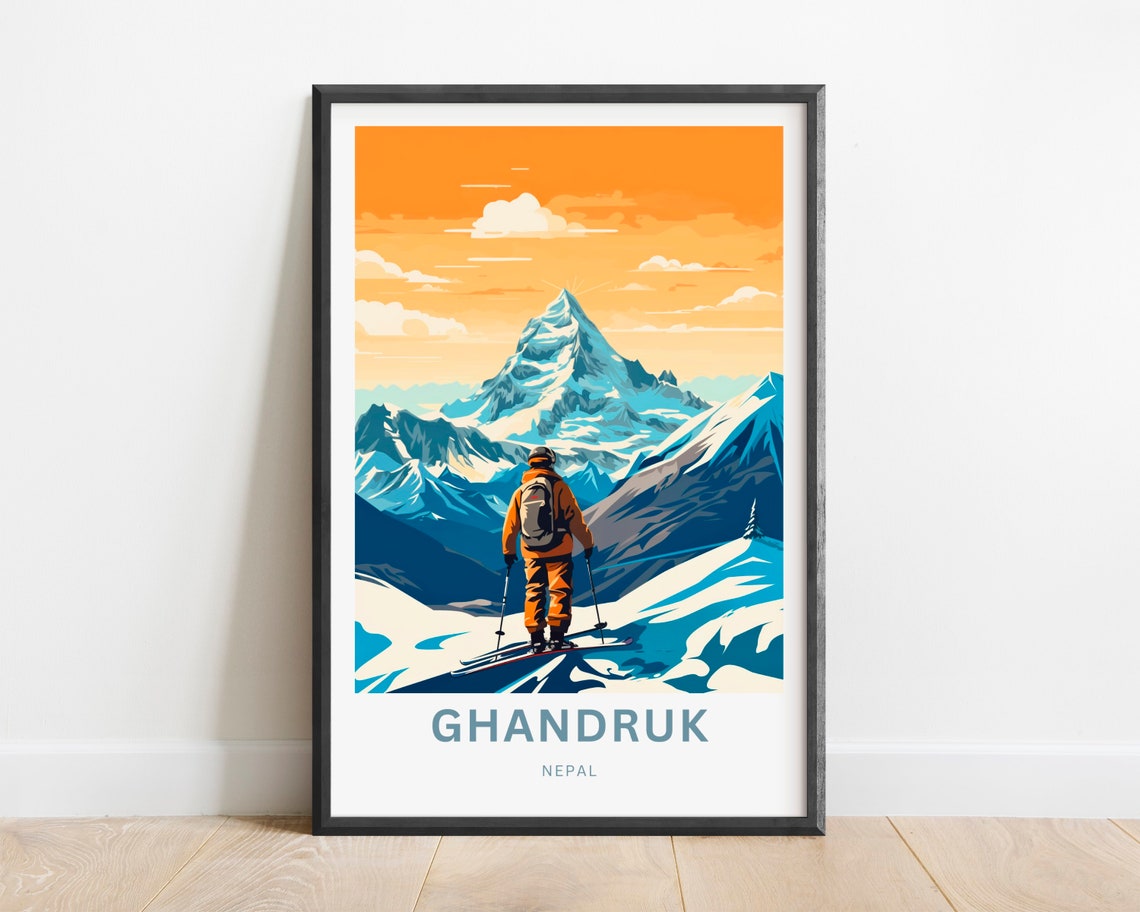 Personalized Ghandruk Nepal Skier Snow Peak Sunset Mountain Poster - Image 2