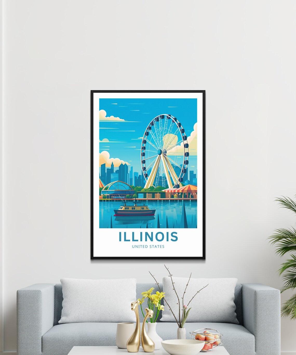 Illinois Chicago Navy Pier Ferris Wheel Illustrated Travel Poster - Image 3