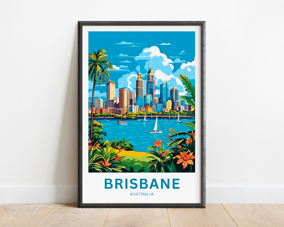 Brisbane Australia Skyline Palm River Sailboats Travel Poster