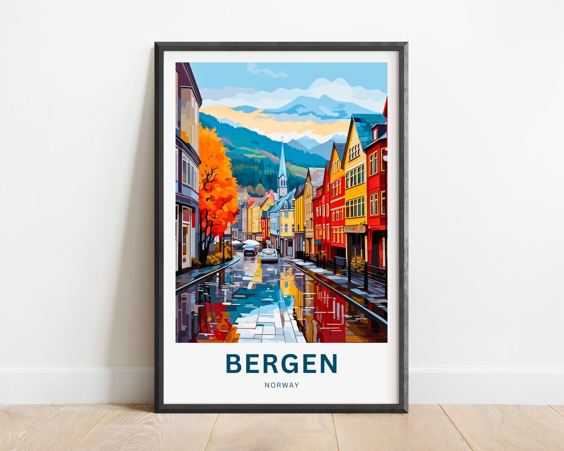 Bergen Norway Autumn Street Wet Cobblestone Mountains Travel Poster