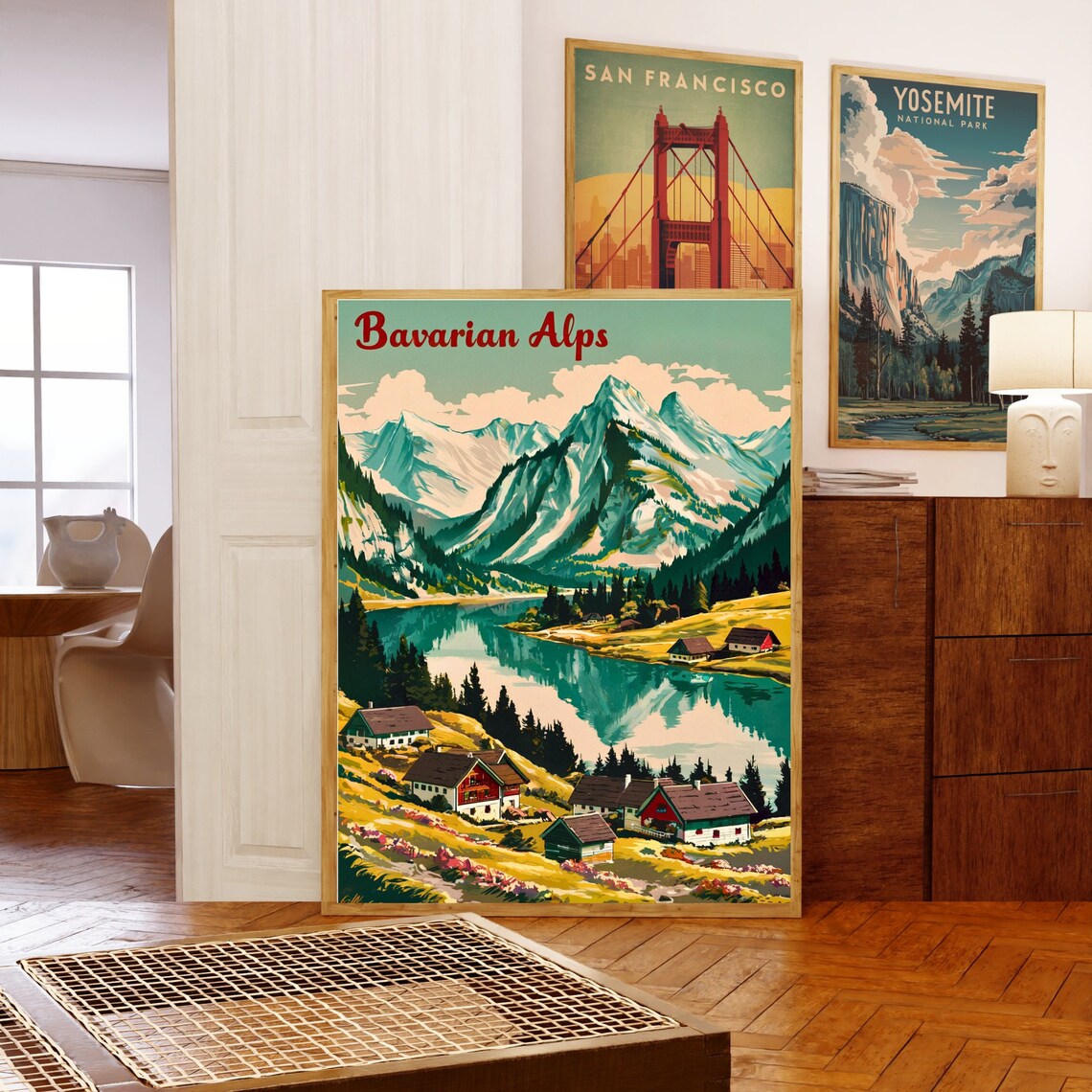 Bavarian Alps Germany Travel Poster Mountain Lake Village Vintage Art - Image 5
