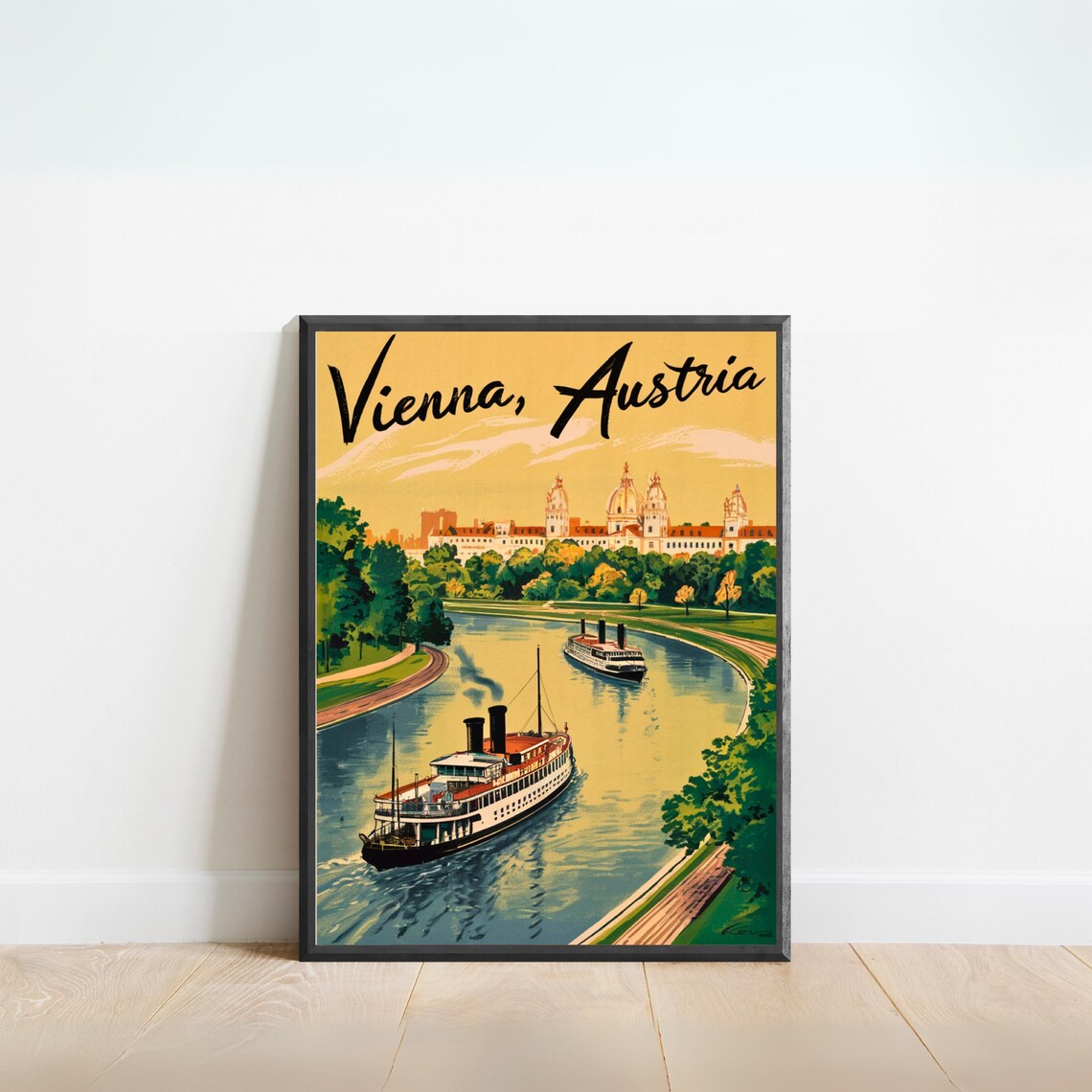 Vienna Austria Vintage Danube Steamboat Golden Script Travel Poster