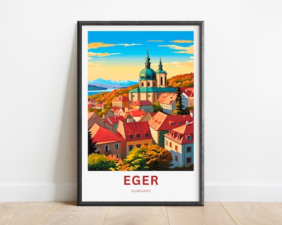 Eger Hungary Autumn Old Town Church Spires Vintage Travel Poster