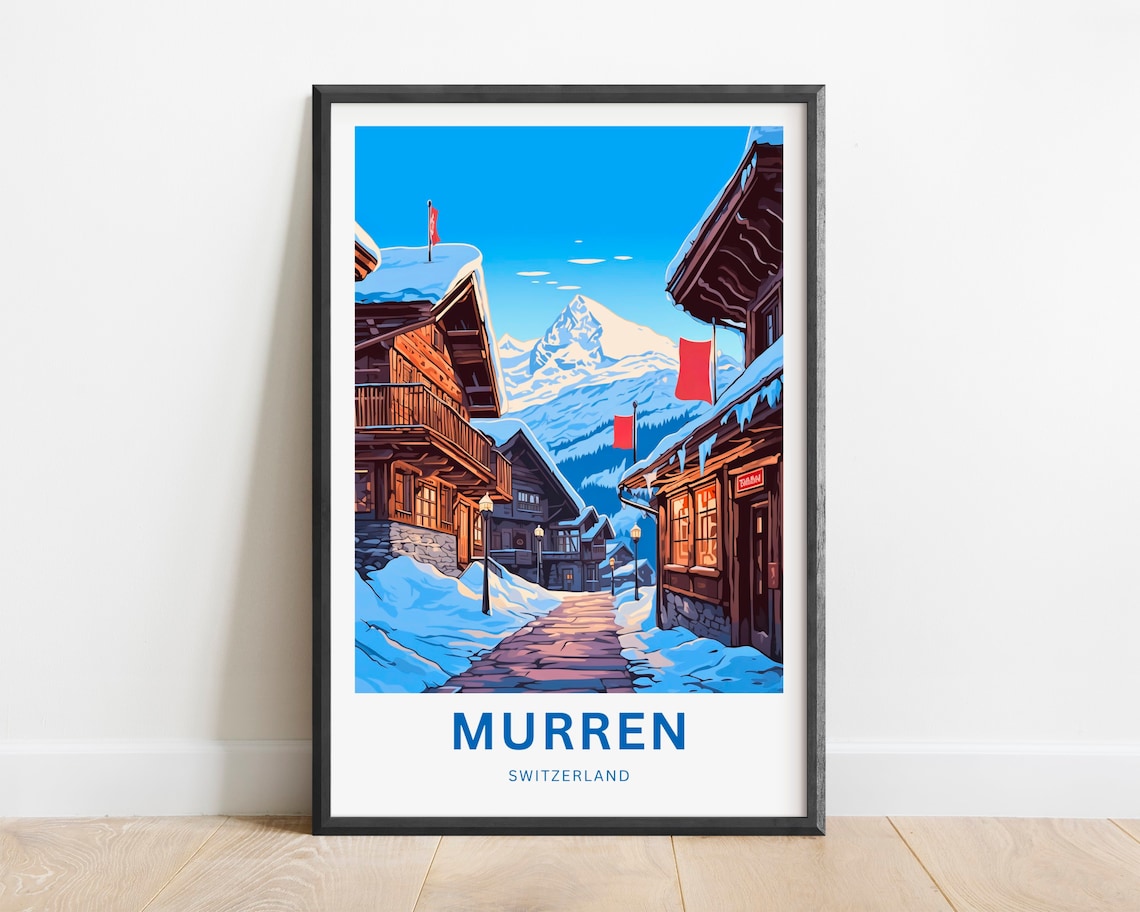 Personalized Murren Switzerland Snowy Village Flags Travel Poster - Image 2