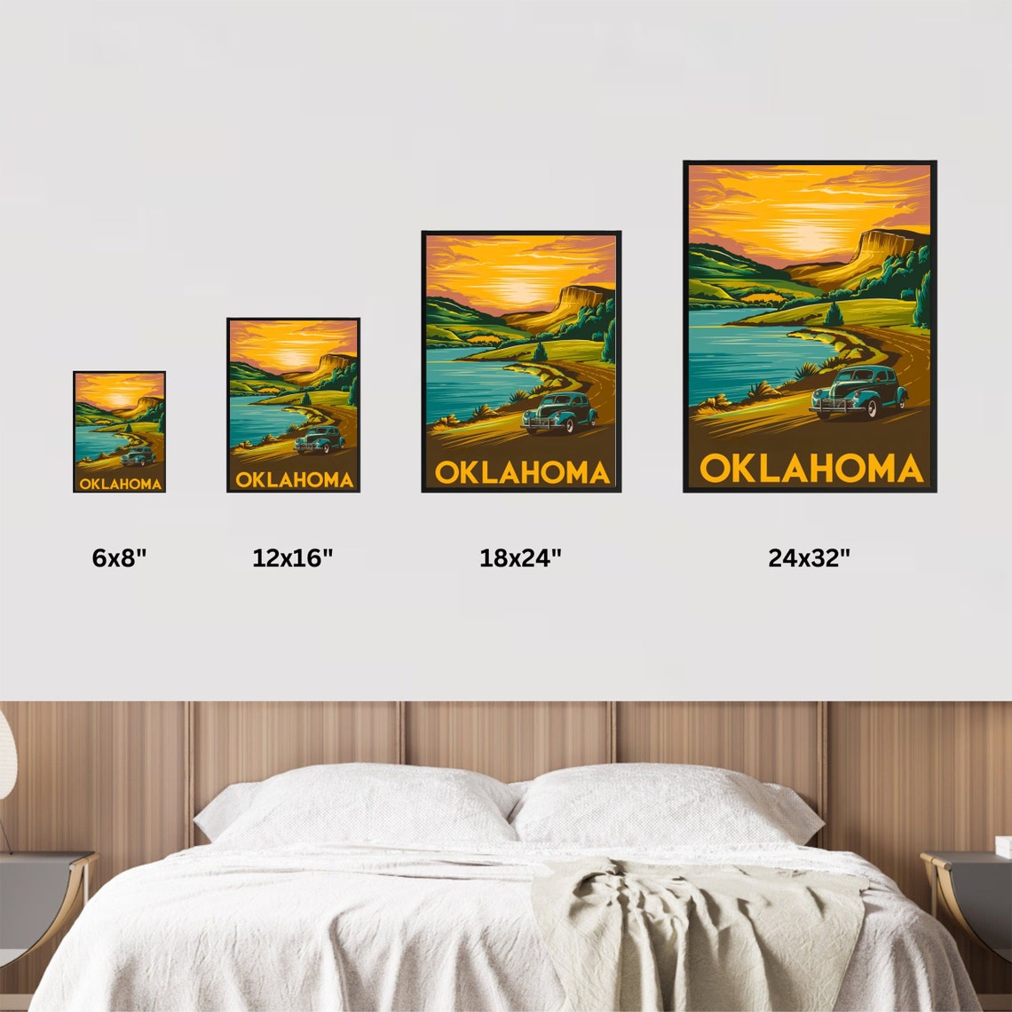 Oklahoma Vintage Car Lakeside Golden Sunset Road Travel Poster - Image 3