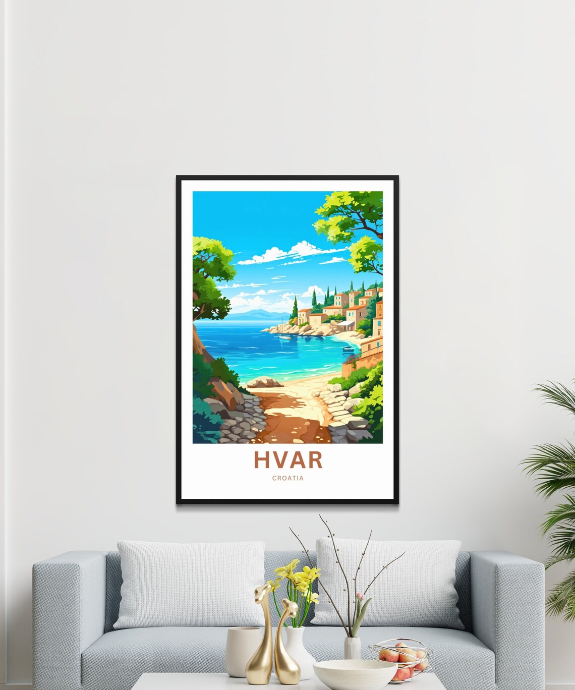 Hvar Croatia Sunny Rocky Beach Cove Coastal Village Travel Poster - Image 3