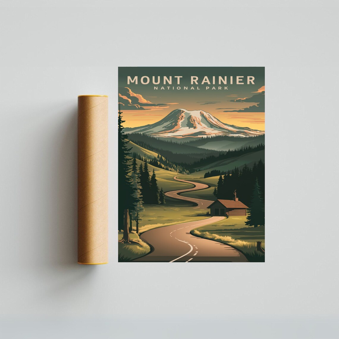 Mount Rainier National Park Vintage Poster with Valley Road and Cabin - Image 3
