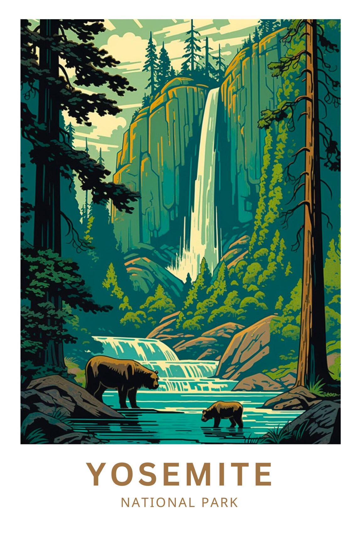 Yosemite National Park Bear Cub Waterfall Pines Travel Poster - Image 3