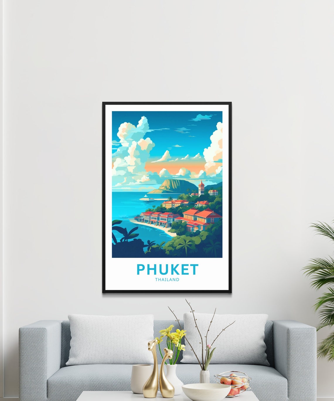 Phuket Thailand Harbor Hillside Town and Lighthouse Bay View Poster - Image 3