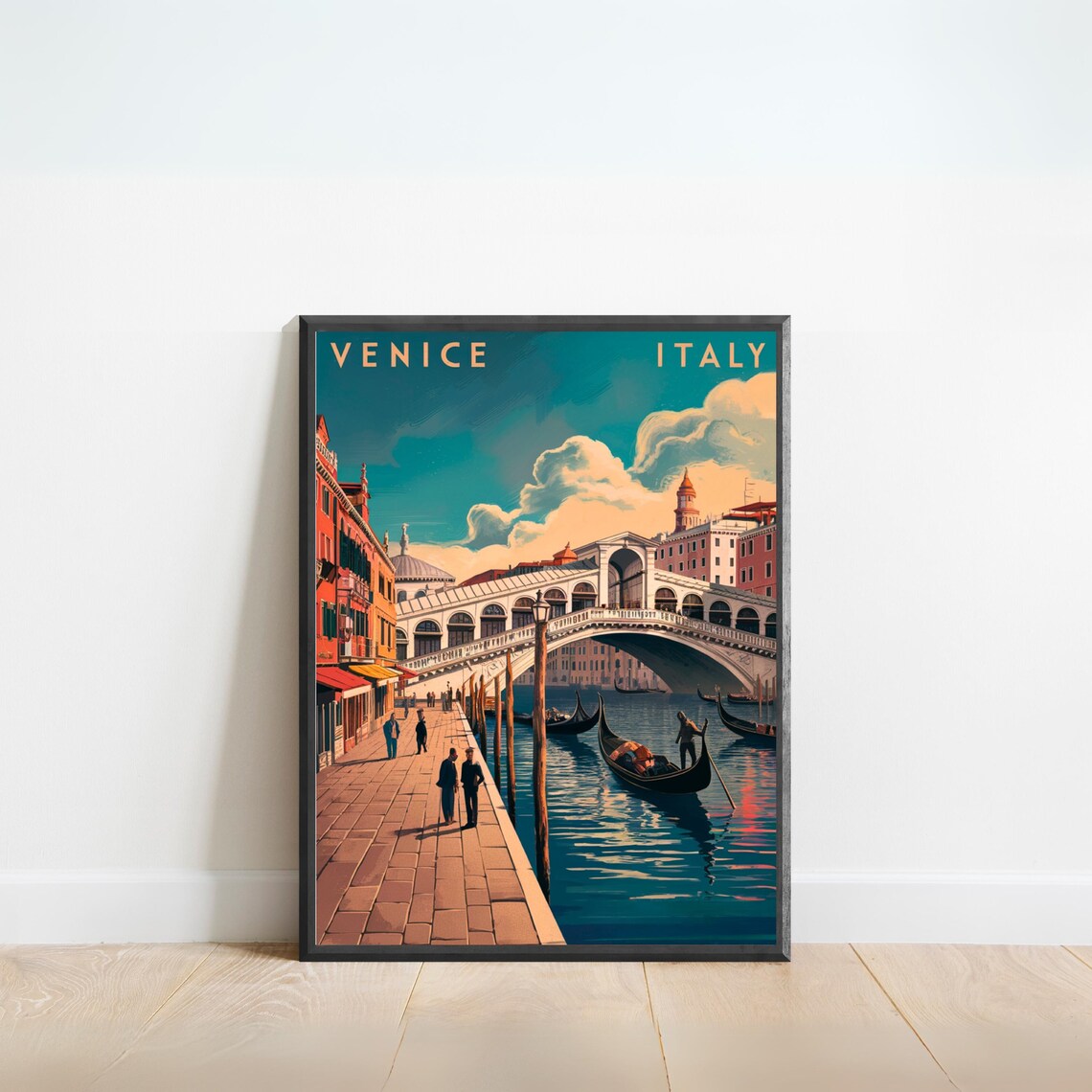 Venice Italy Rialto Bridge Gondolas Waterfront Promenade Travel Poster