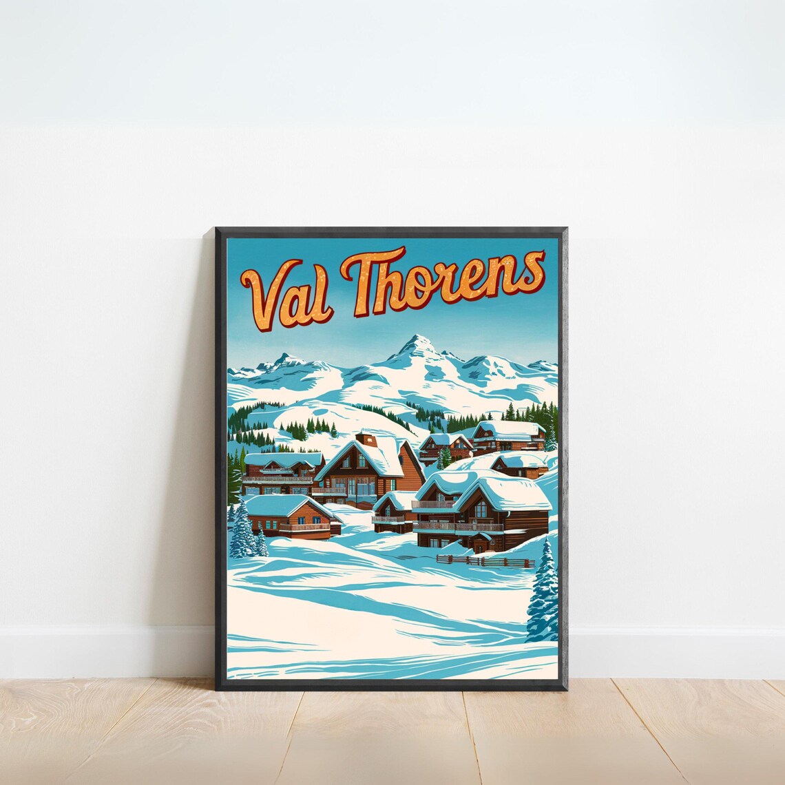 Val Thorens France Vintage Ski Village Snowy Chalets Art Travel Poster
