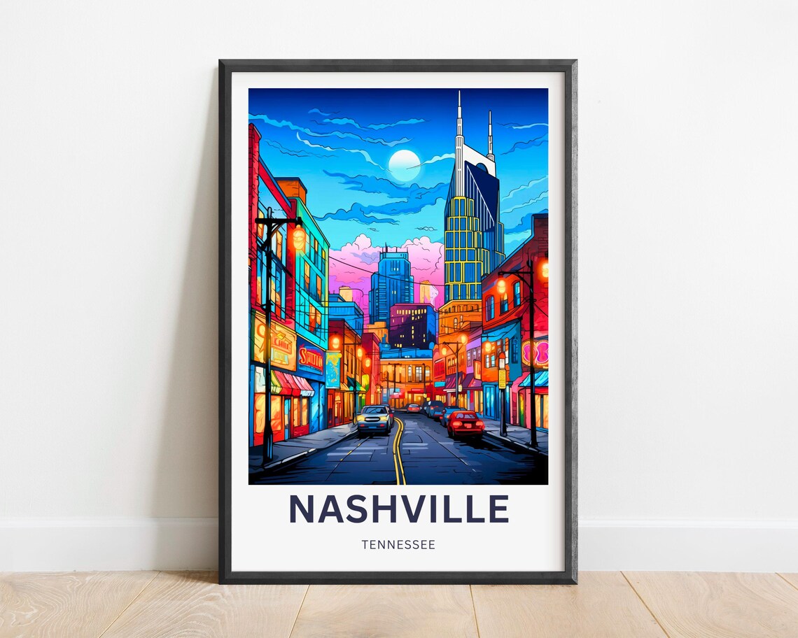 Nashville Tennessee Broadway Neon Lights Night Travel Poster