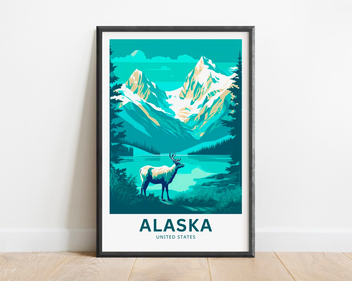 Alaska Mountain Lake Elk Vintage Style Illustrated Travel Poster