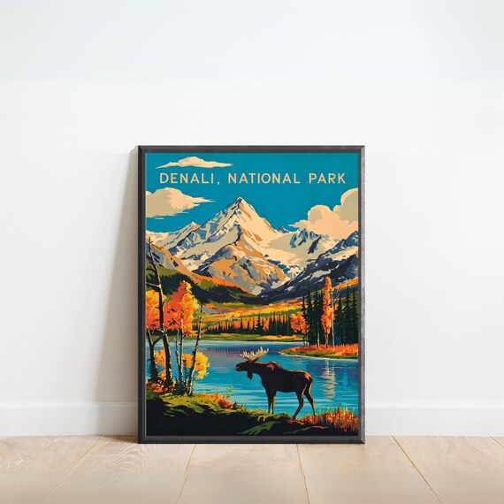 Denali National Park Alaska Vintage Travel Poster Moose Mountain Lake Art
