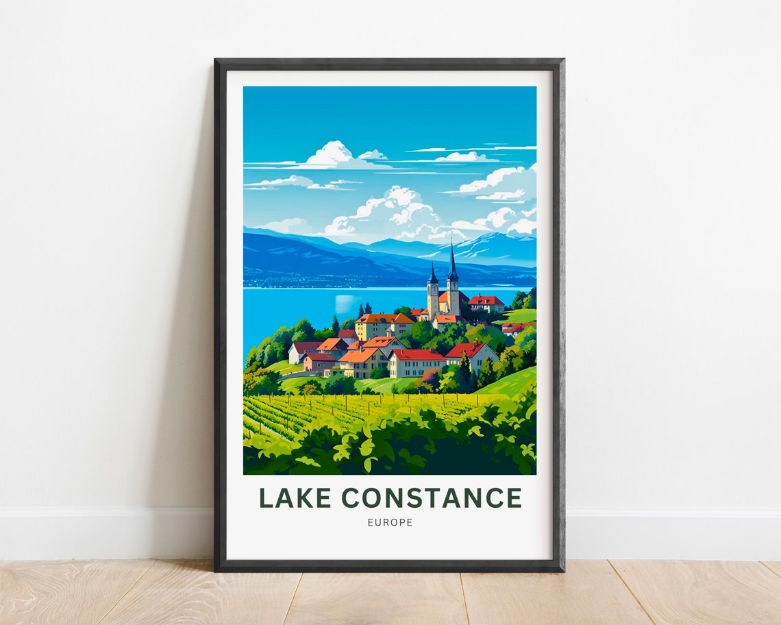 Lake Constance Europe Lakeside Village Vineyard Hills Travel Poster