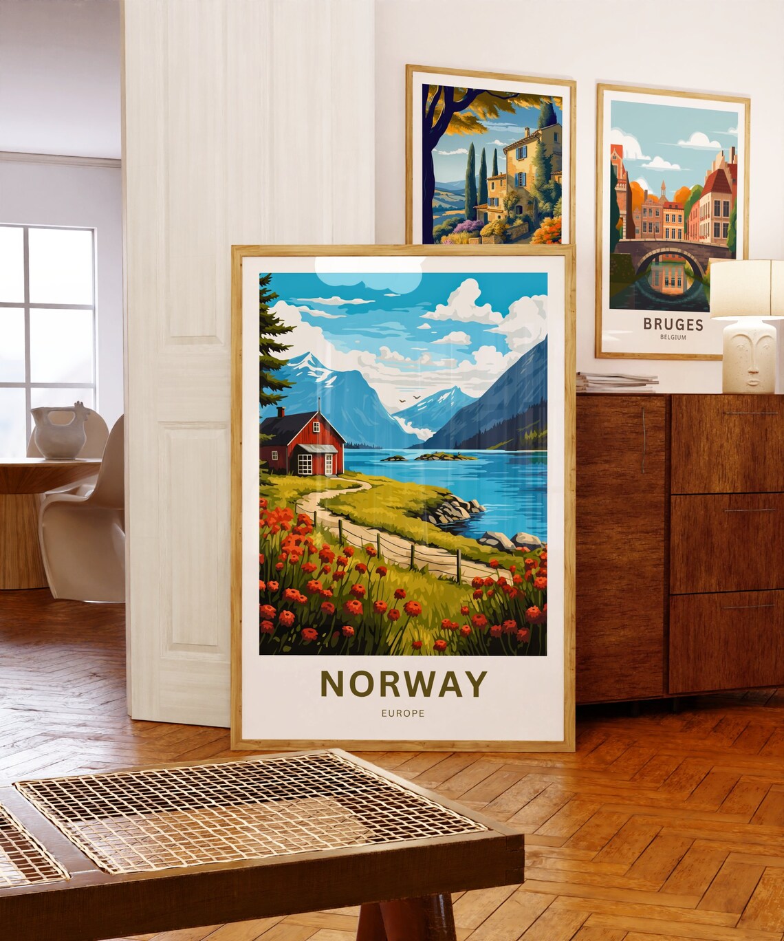 Personalized Norway Europe Travel Poster Lakeside Cabin Mountain View - Image 5