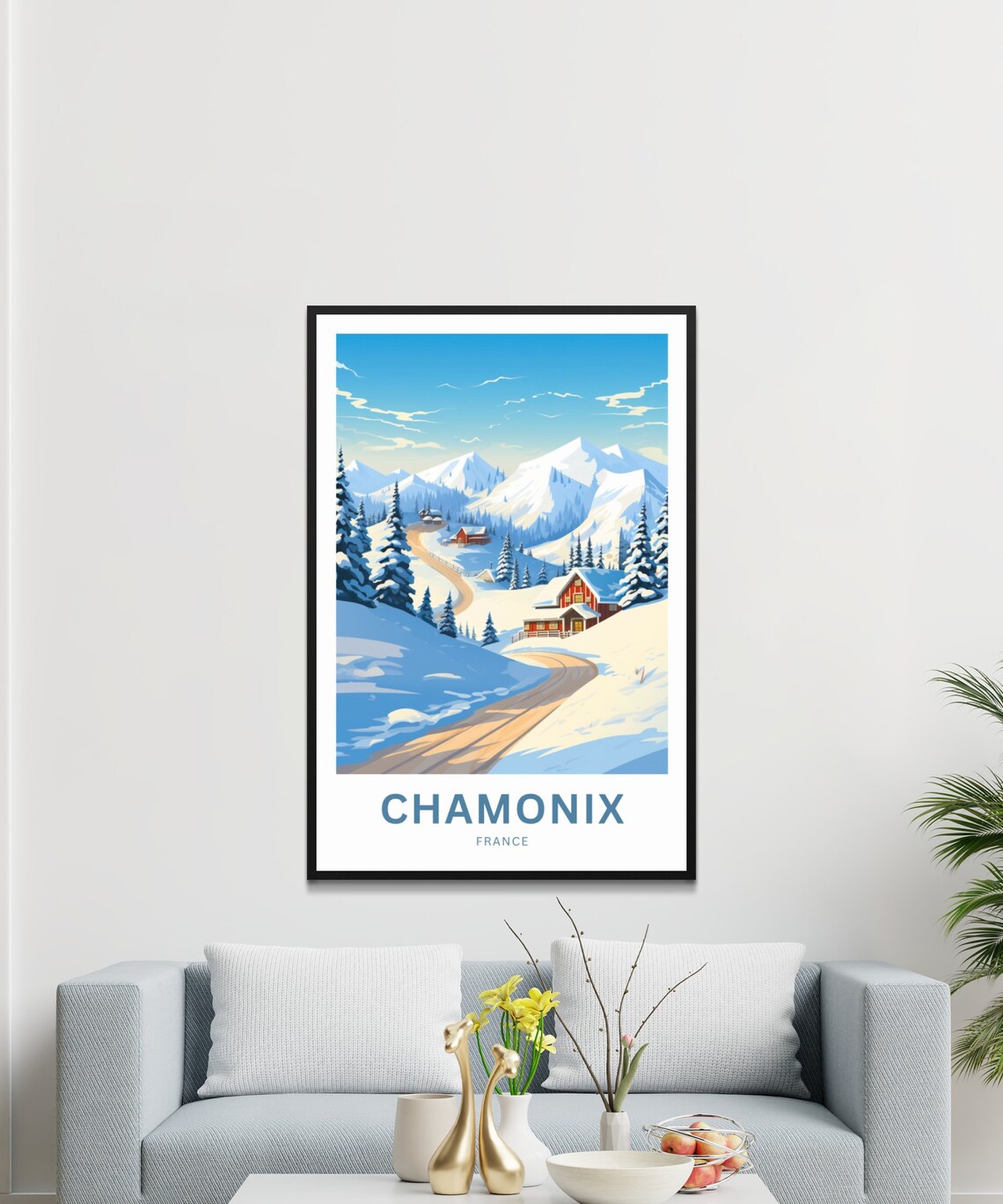 Chamonix France Snowy Alpine Valley Red Cabins Road Travel Poster - Image 3