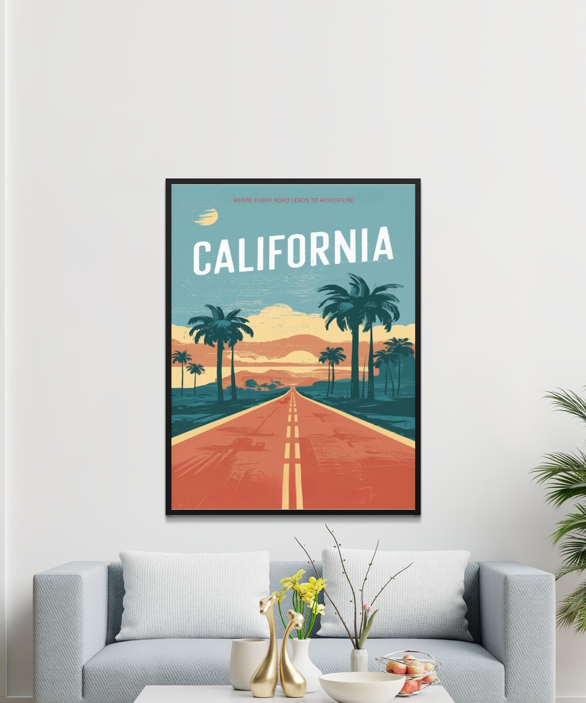 California Retro Palm Highway Dusk Road Adventure Travel Poster