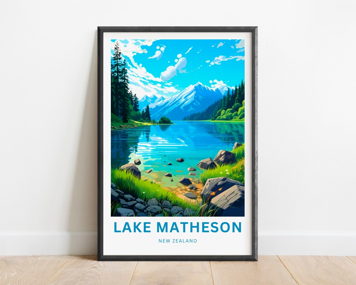 Lake Matheson New Zealand Alpine Lake Peaks Serene Travel Poster