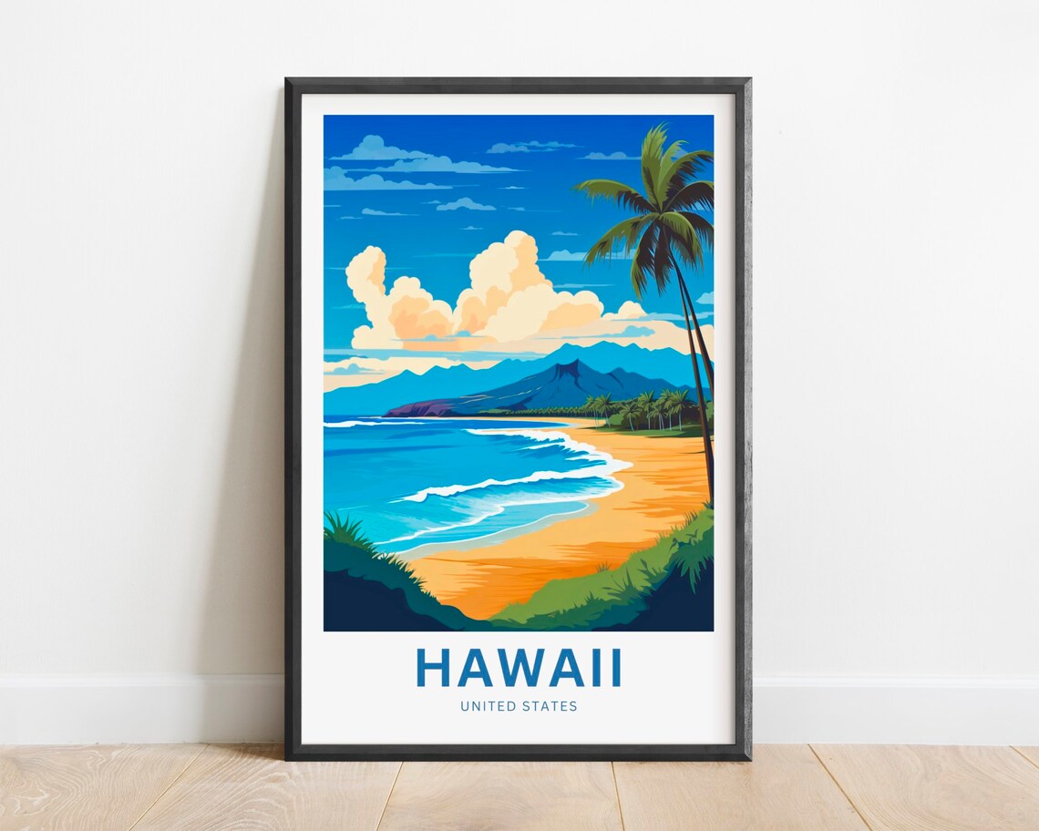 Hawaii United States Tropical Beach Palm Tree Waves Travel Poster