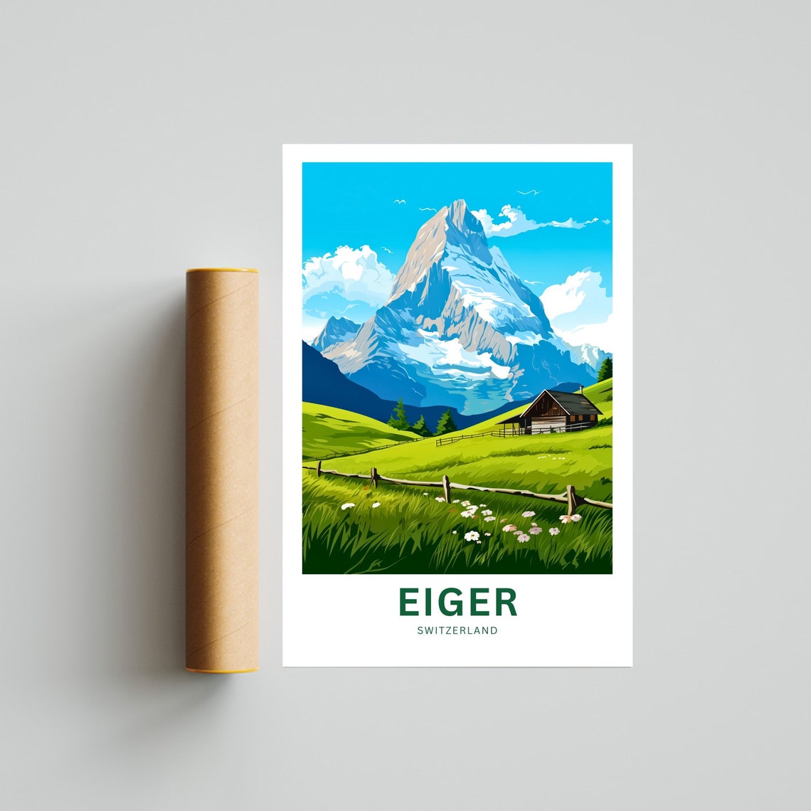 Personalized Eiger Switzerland Summer Meadow Chalet Scene Poster - Image 4