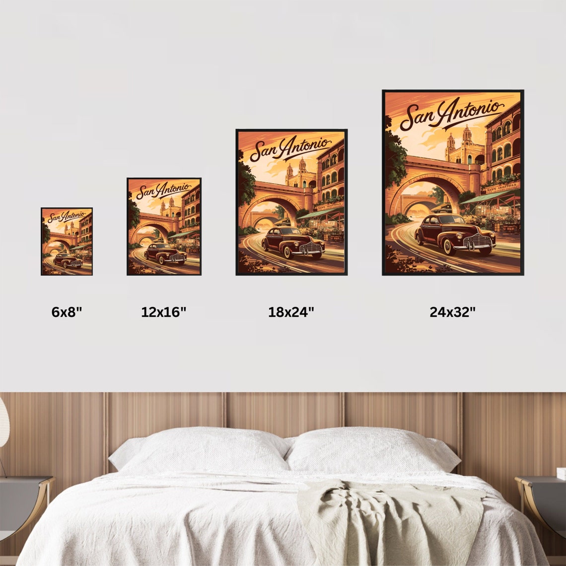 San Antonio Texas Vintage Classic Car Stone Bridge Travel Poster - Image 3
